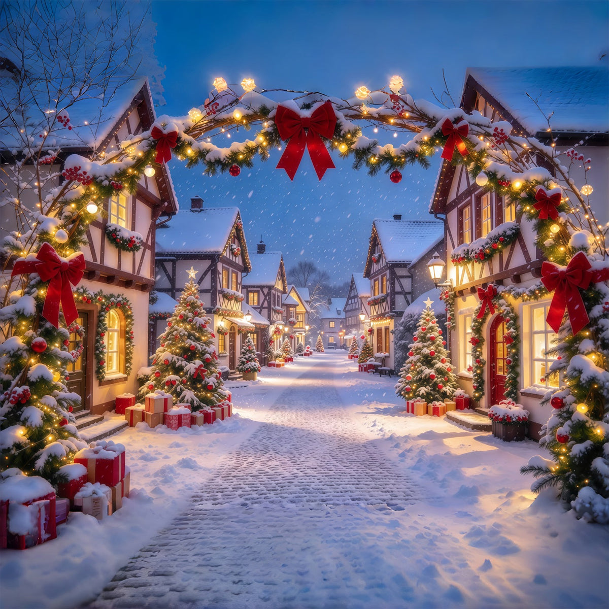 Fond De Village De Noël Arche Enneigée Nœud Rouge GQ610-64