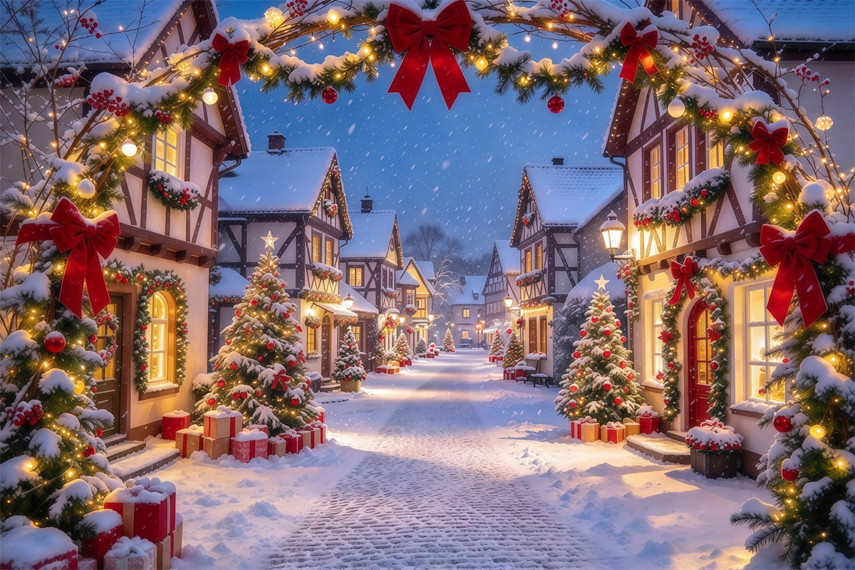 Fond De Village De Noël Arche Enneigée Nœud Rouge GQ610-64