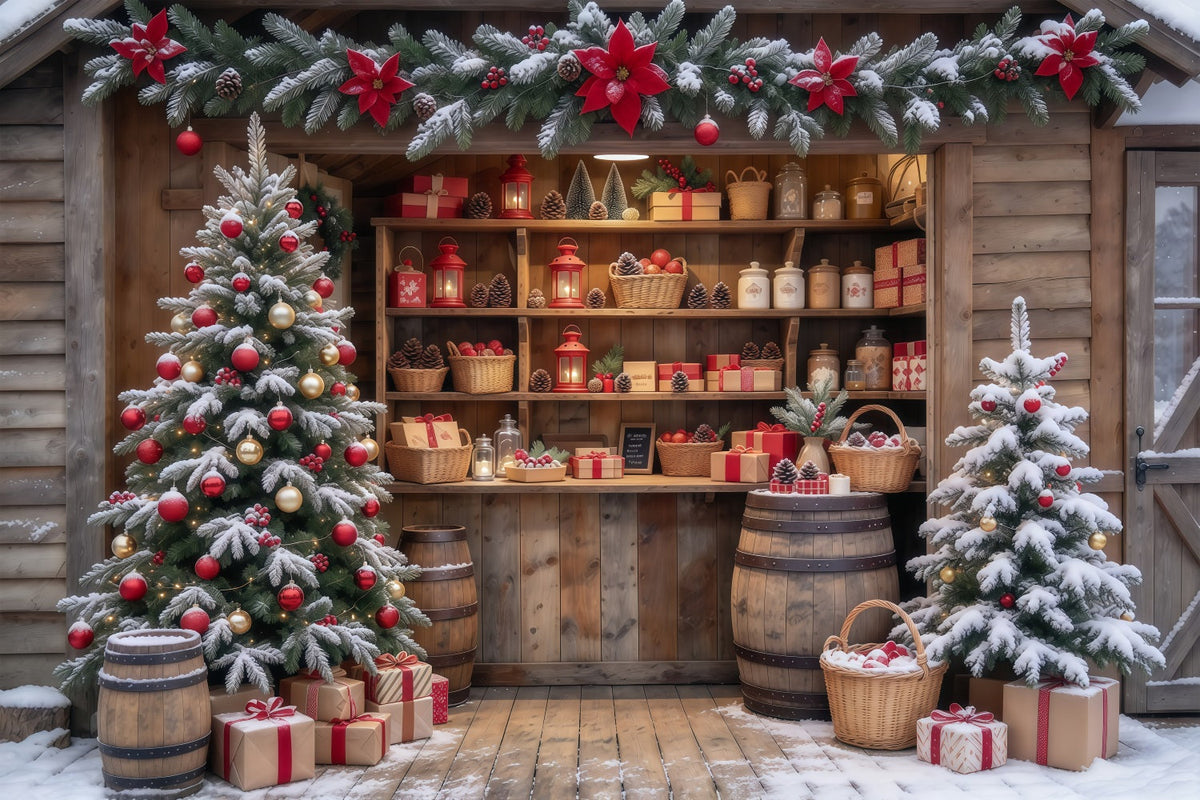 Fond Boutique De Noël Boutique Cadeaux Rustique Enneigée GQ610-65