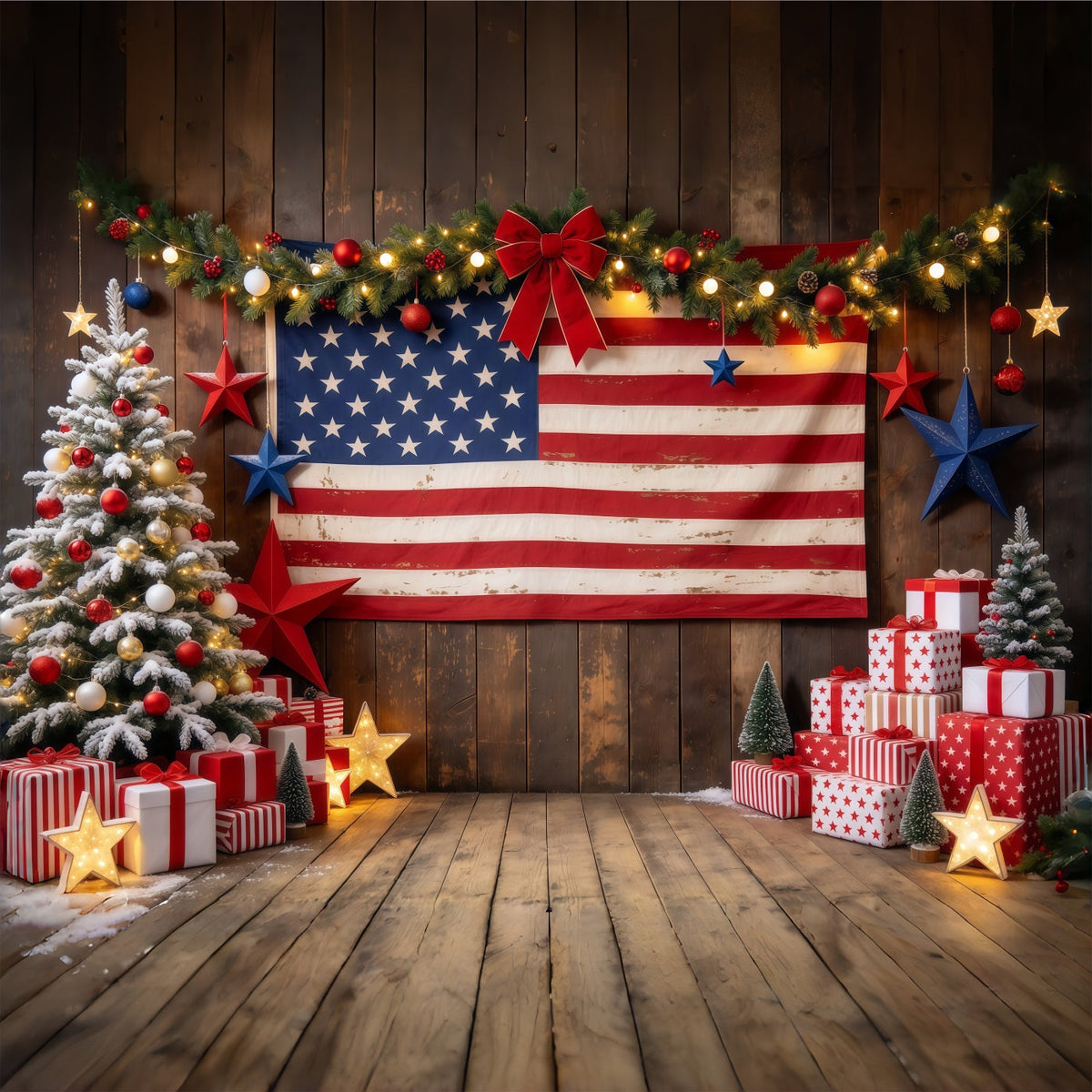 Fond De Noël Campagnard Présentoir Cadeaux Drapeau Rustique GQ610-68