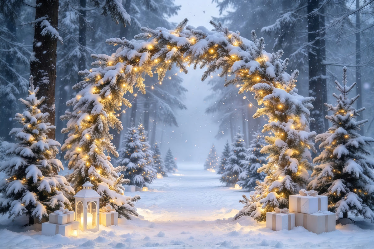 Fond Photo De Noël Arche Sapins Illuminés Enneigés Pays Hivernal GQ610-69