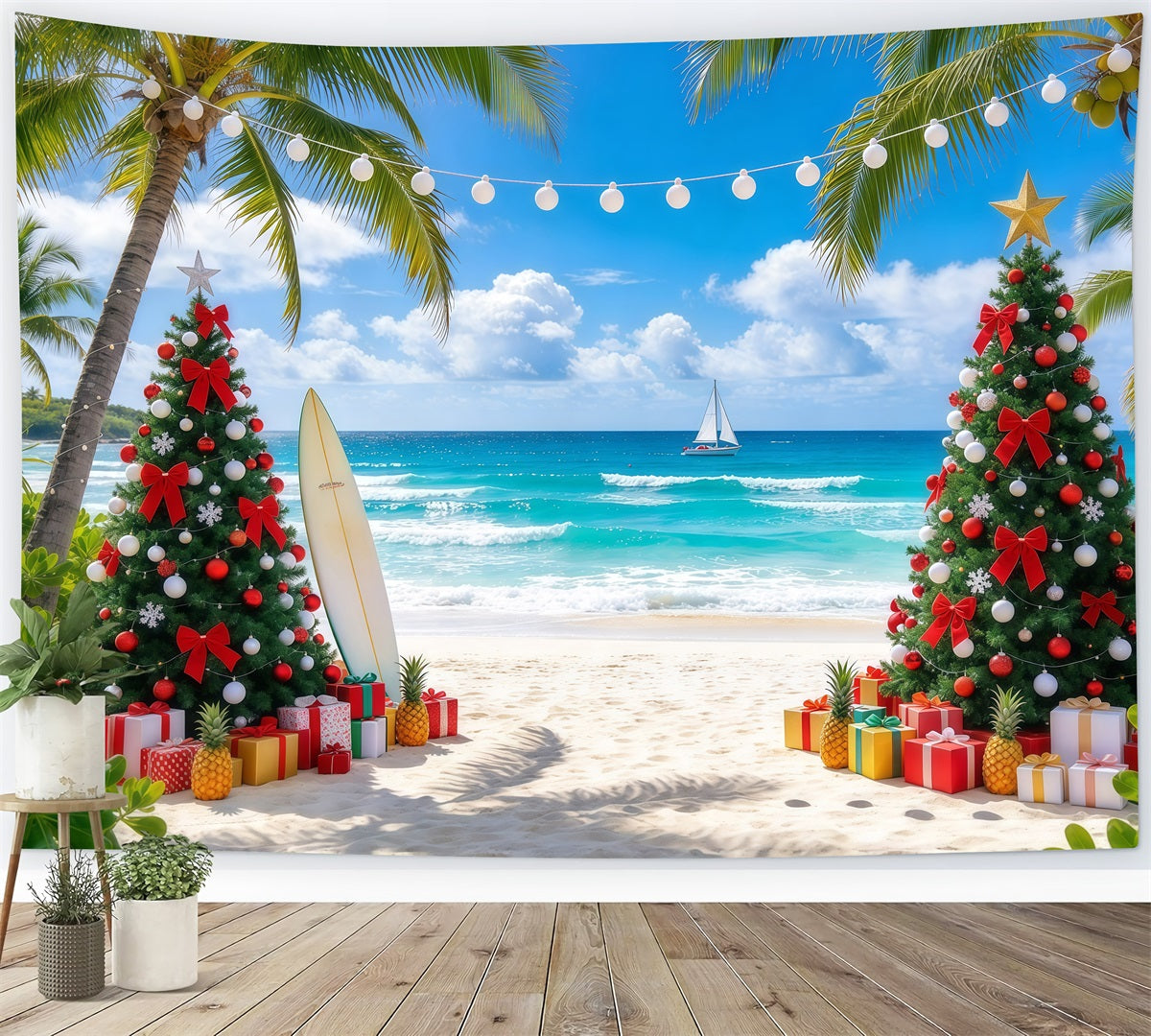 Fond De Noël Tropical Palmier Mer Plage Surf GQ610-7
