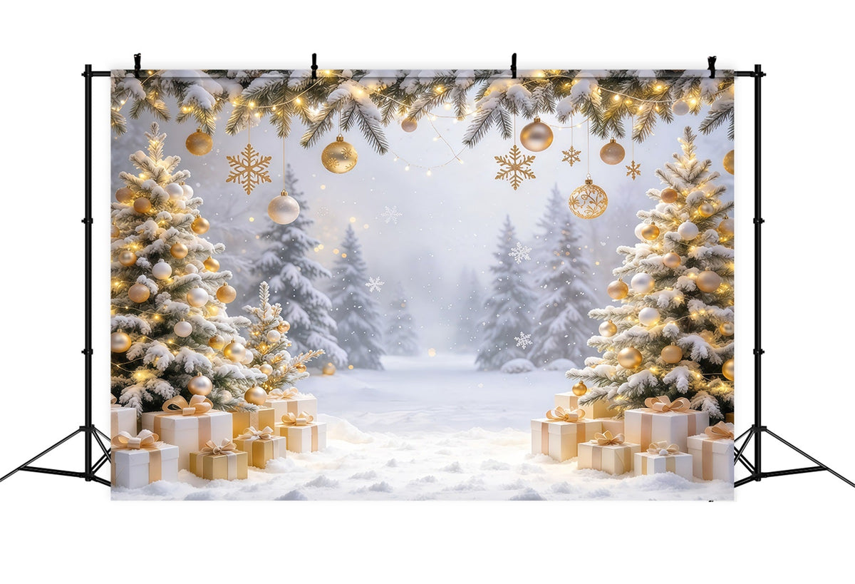 Fond Photo De Noël Ornements Dorés Forêt Enneigée GQ610-71