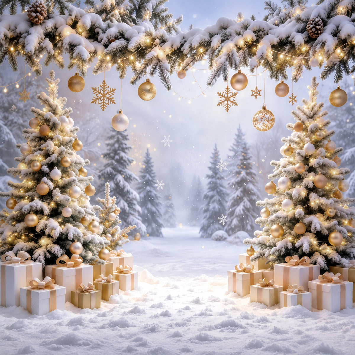 Fond Photo De Noël Ornements Dorés Forêt Enneigée GQ610-71
