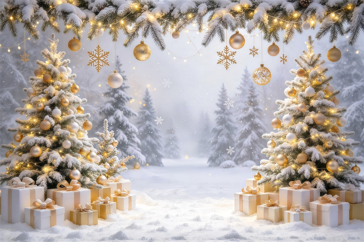 Fond Photo De Noël Ornements Dorés Forêt Enneigée GQ610-71