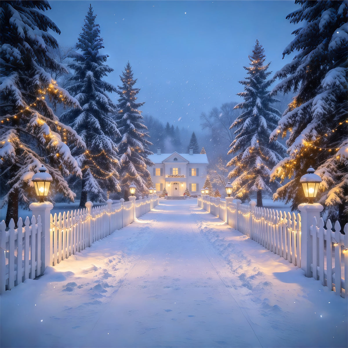 Fond Photo De Noël Sentier Palissade Lanternes Enneigées GQ610-72