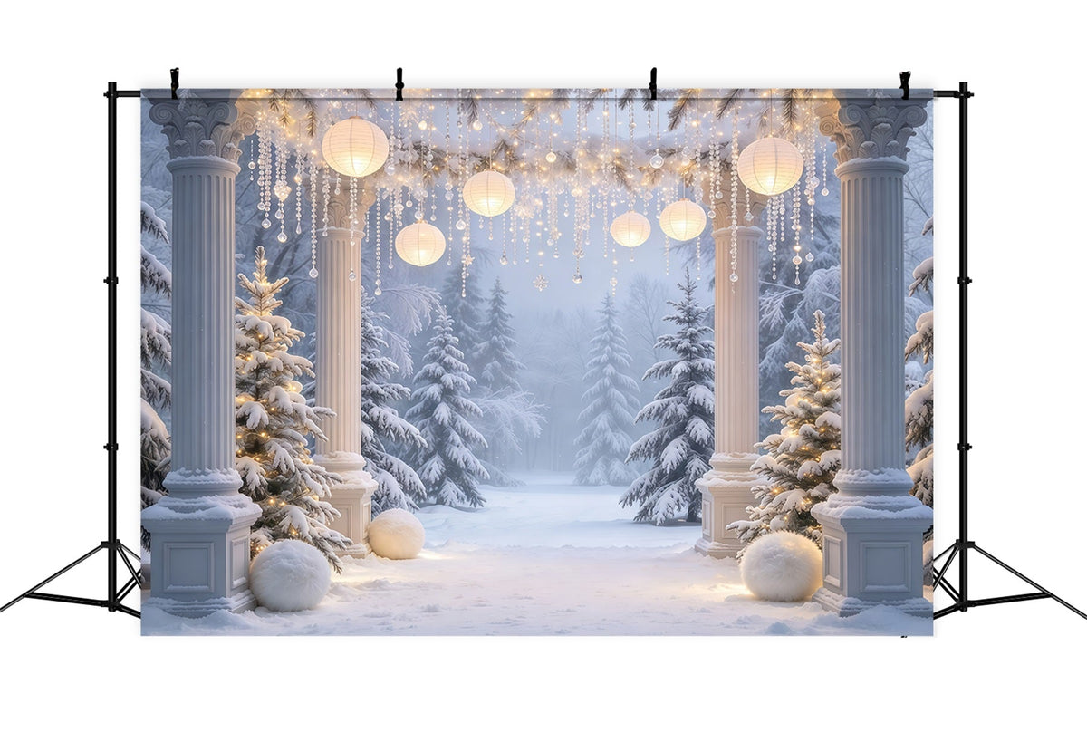 Fond De Forêt De Noël Arche Colonnes Lanternes Enneigées GQ610-77