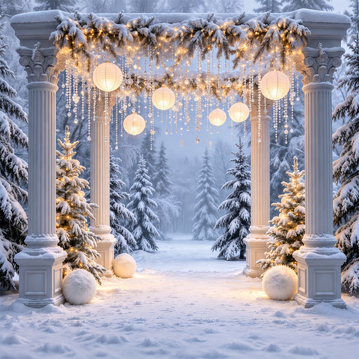 Fond De Forêt De Noël Arche Colonnes Lanternes Enneigées GQ610-77
