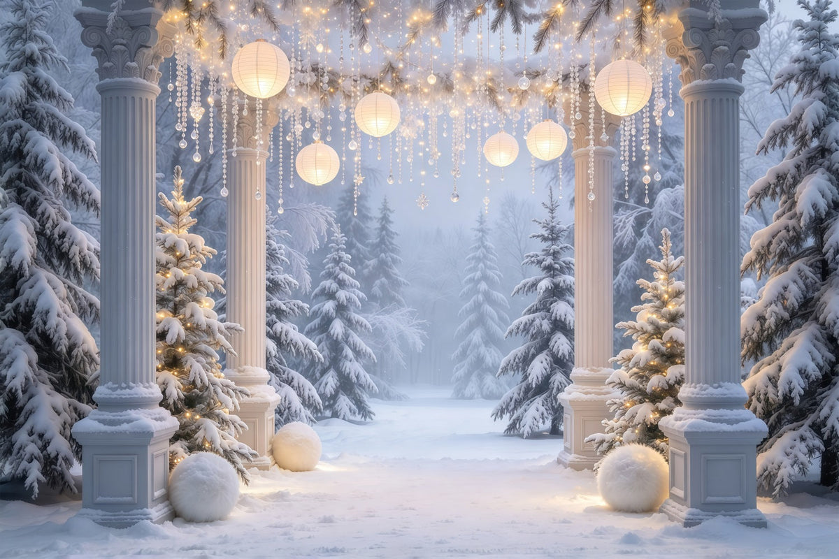 Fond De Forêt De Noël Arche Colonnes Lanternes Enneigées GQ610-77