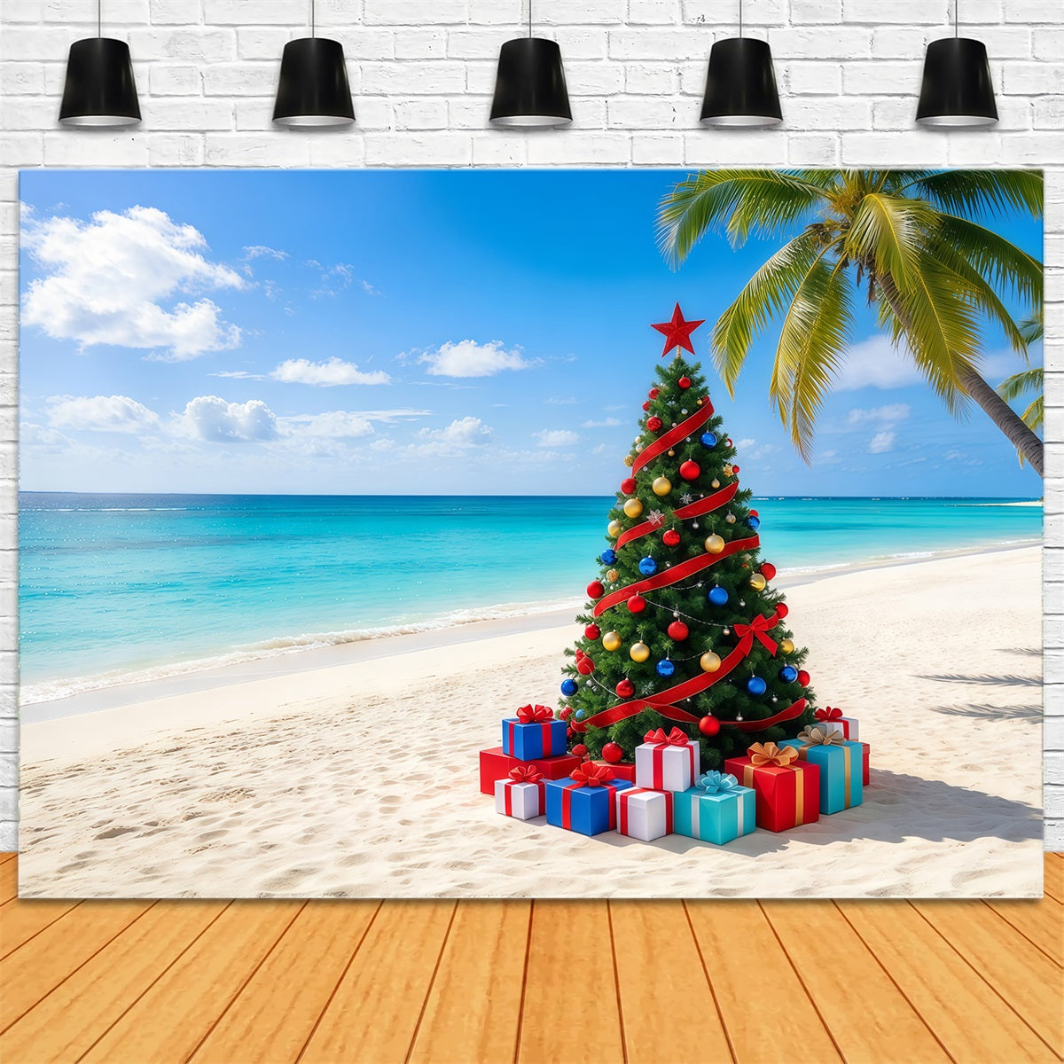 Fond De Sapins De Noël Tropical Plage Sapin Décoré GQ610-79