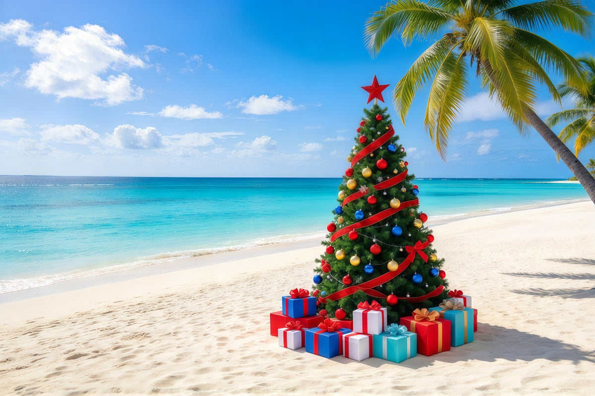 Fond De Sapins De Noël Tropical Plage Sapin Décoré GQ610-79