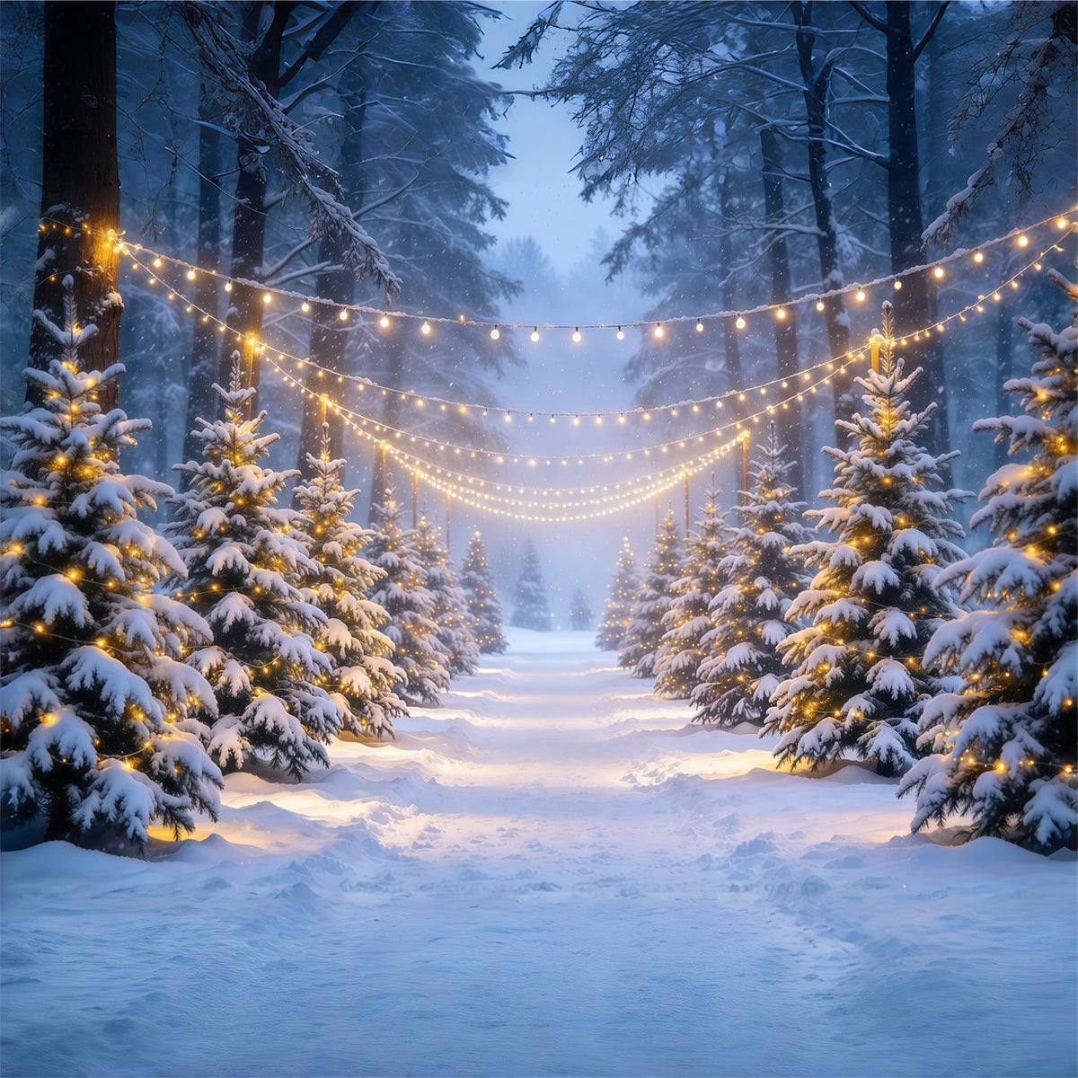 Fond De Forêt De Sapins De Noël Forêt Enneigée Lumières Éclatantes GQ610-80