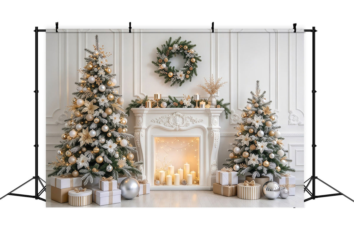 Fond Photo De Noël Cheminée Élégante Blanc Doré GQ610-84