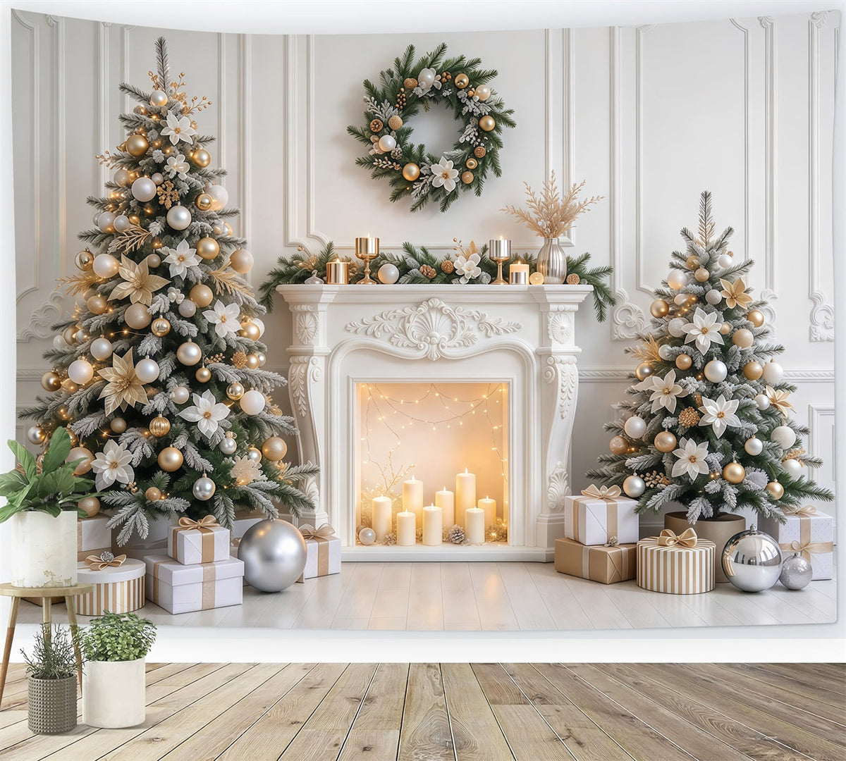 Fond Photo De Noël Cheminée Élégante Blanc Doré GQ610-84