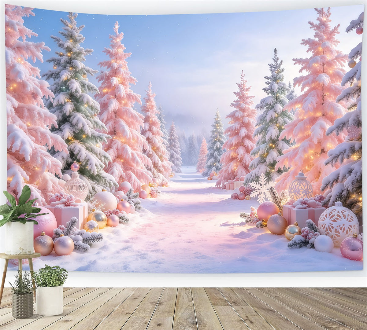 Fond De Sapins De Noël Forêt Ornements Rose Poudré GQ610-85