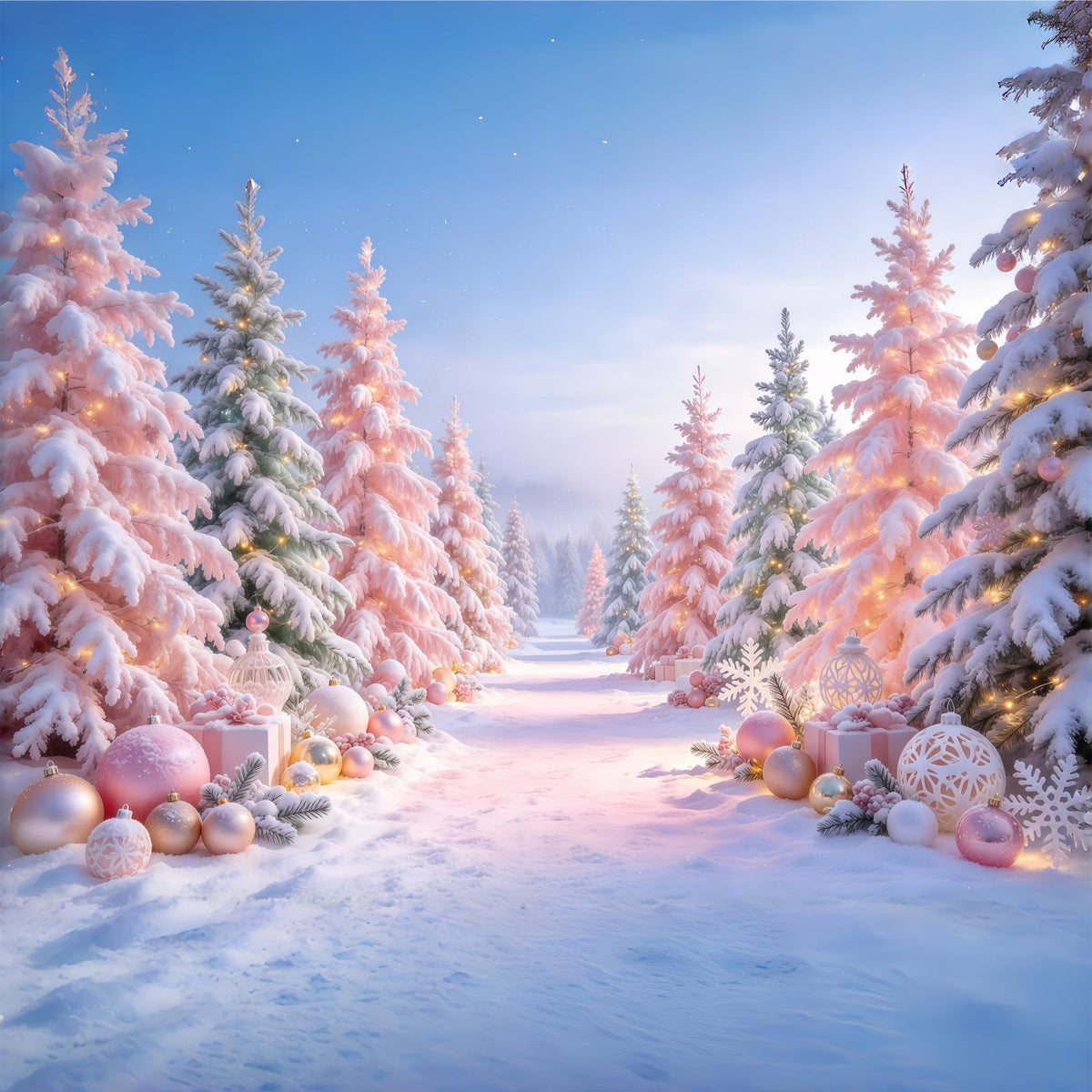 Fond De Sapins De Noël Forêt Ornements Rose Poudré GQ610-85