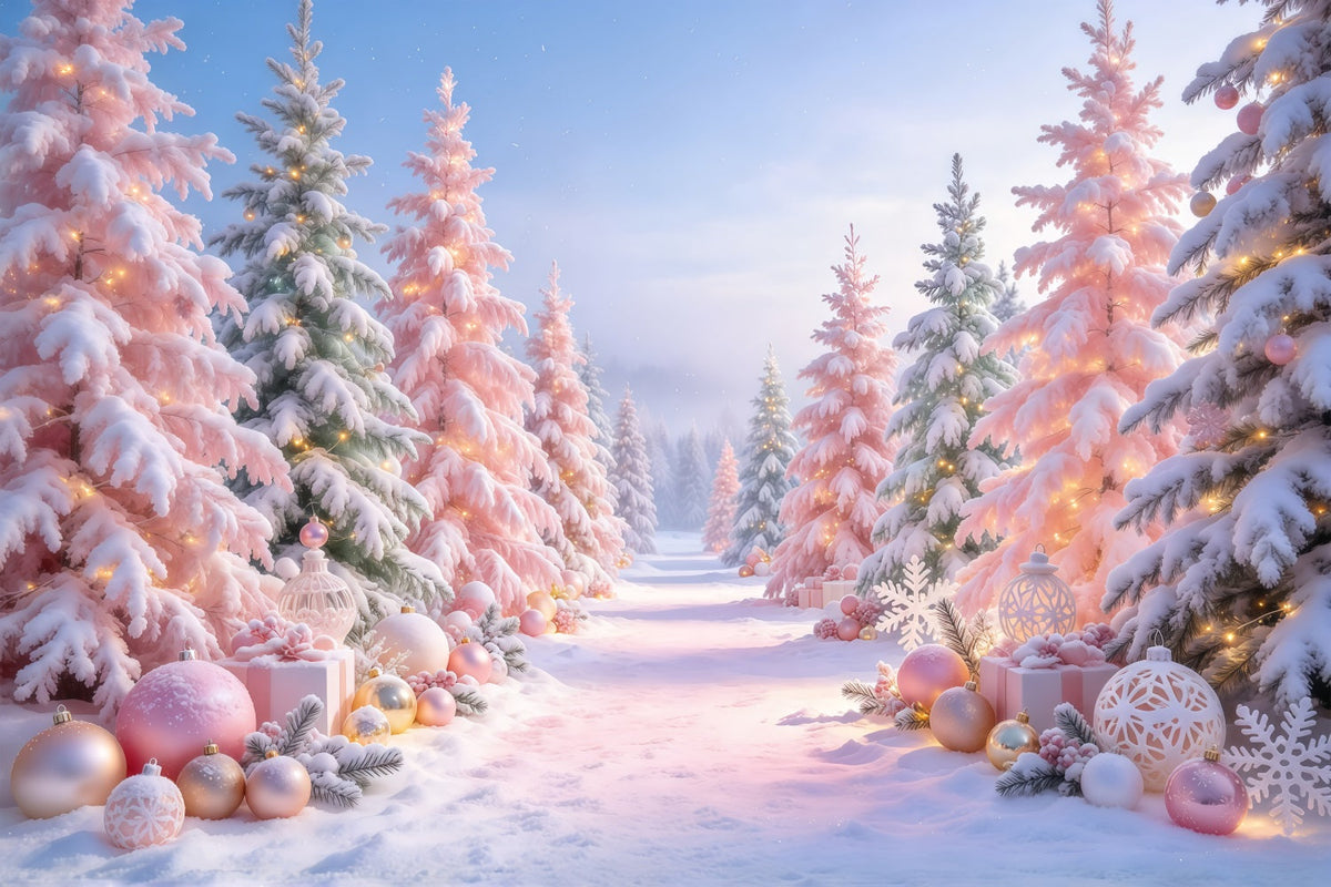 Fond De Sapins De Noël Forêt Ornements Rose Poudré GQ610-85