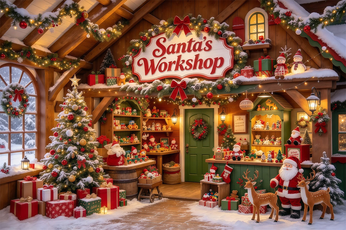 Fond Photo Atelier Père Noël Étagères Jouets Bois GQ610-9