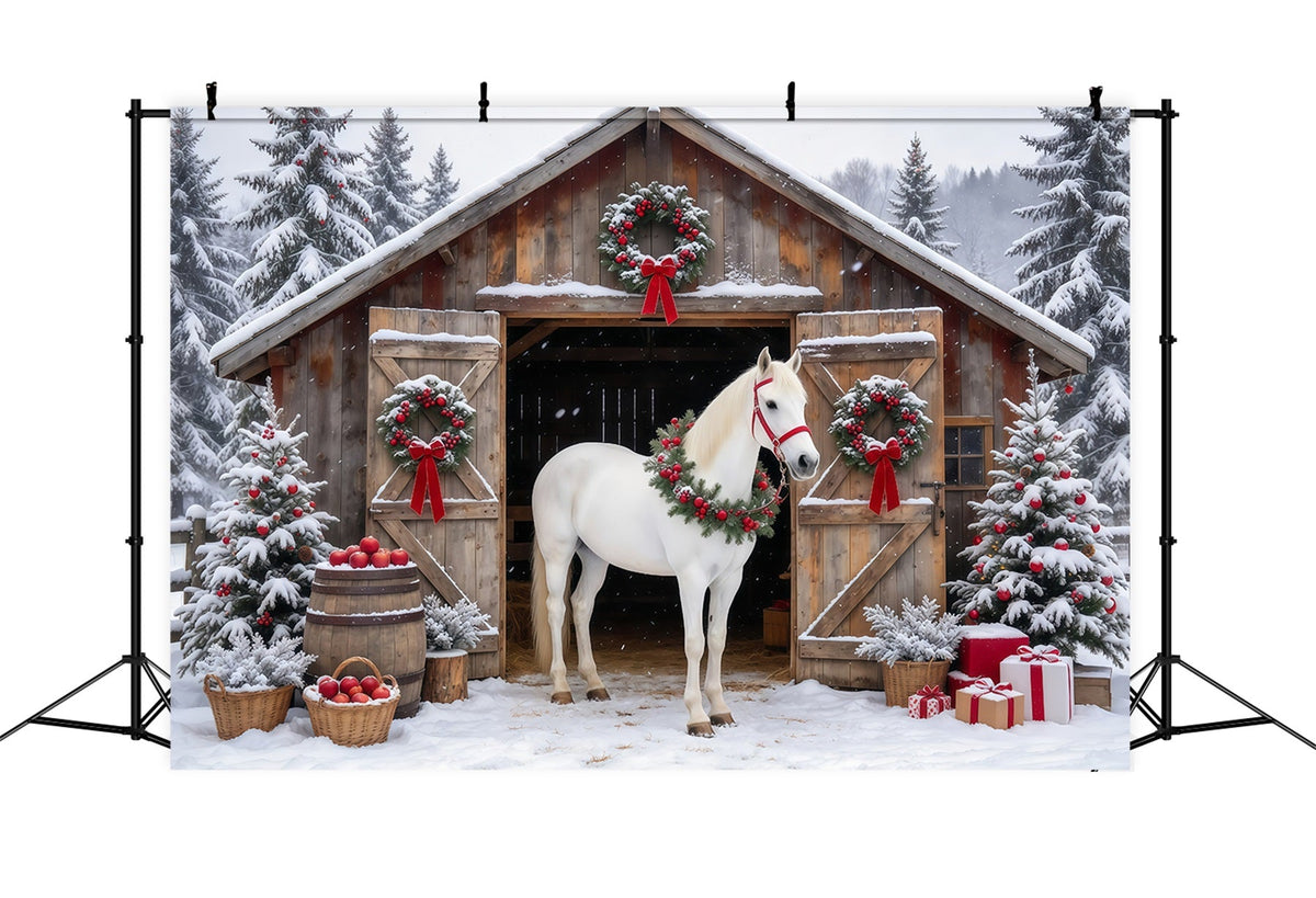 Fond De Noël Western Cheval Blanc Grange Rustique GQ610-92