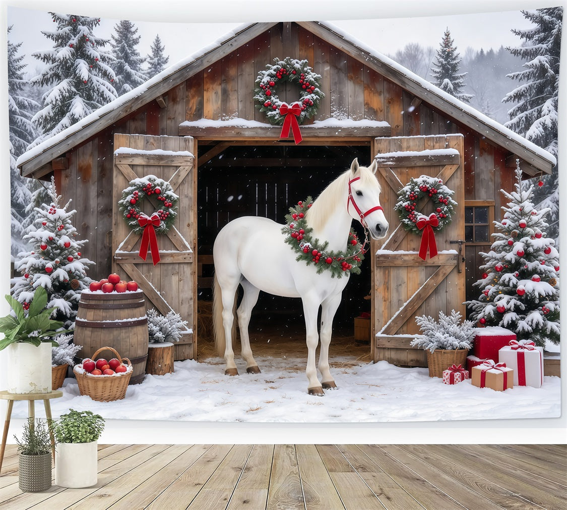 Fond De Noël Western Cheval Blanc Grange Rustique GQ610-92