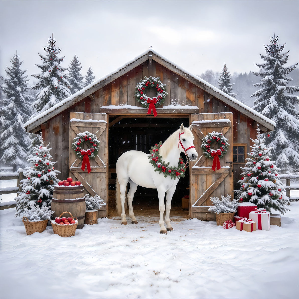 Fond De Noël Western Cheval Blanc Grange Rustique GQ610-92