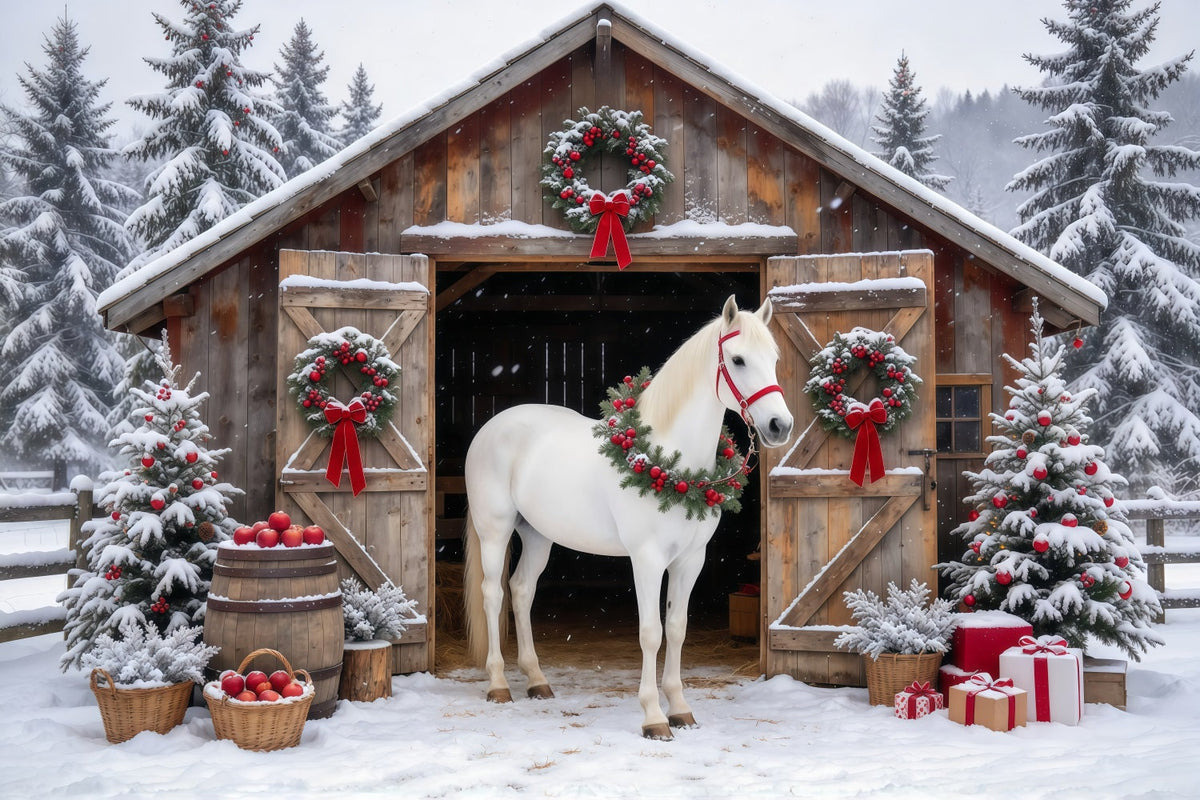 Fond De Noël Western Cheval Blanc Grange Rustique GQ610-92