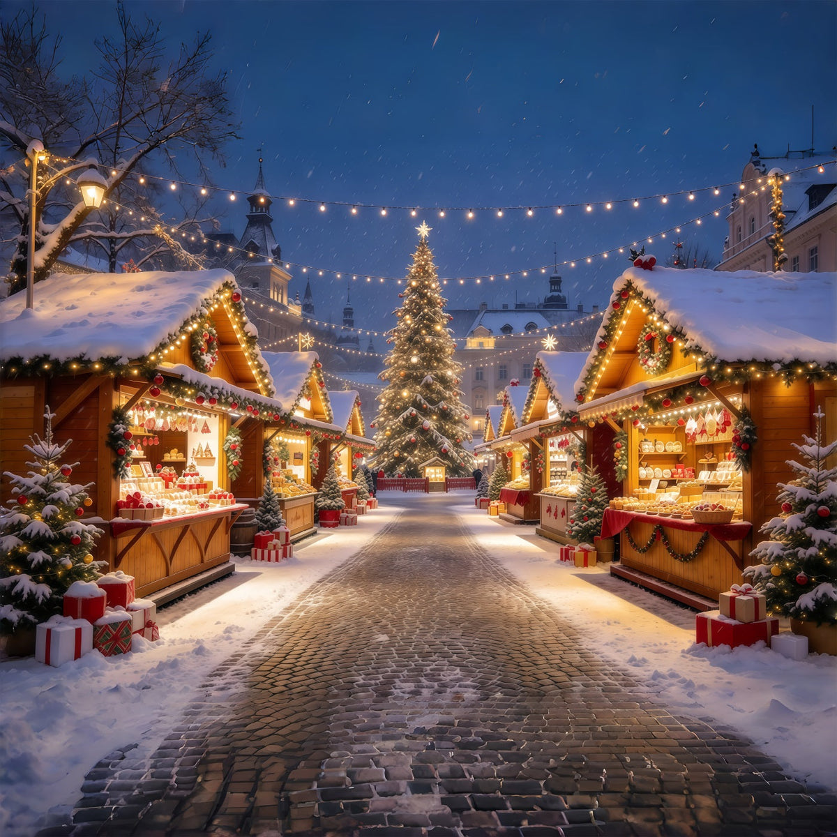 Fond De Ville De Noël Étalages Marché Alpin Illuminés GQ610-95