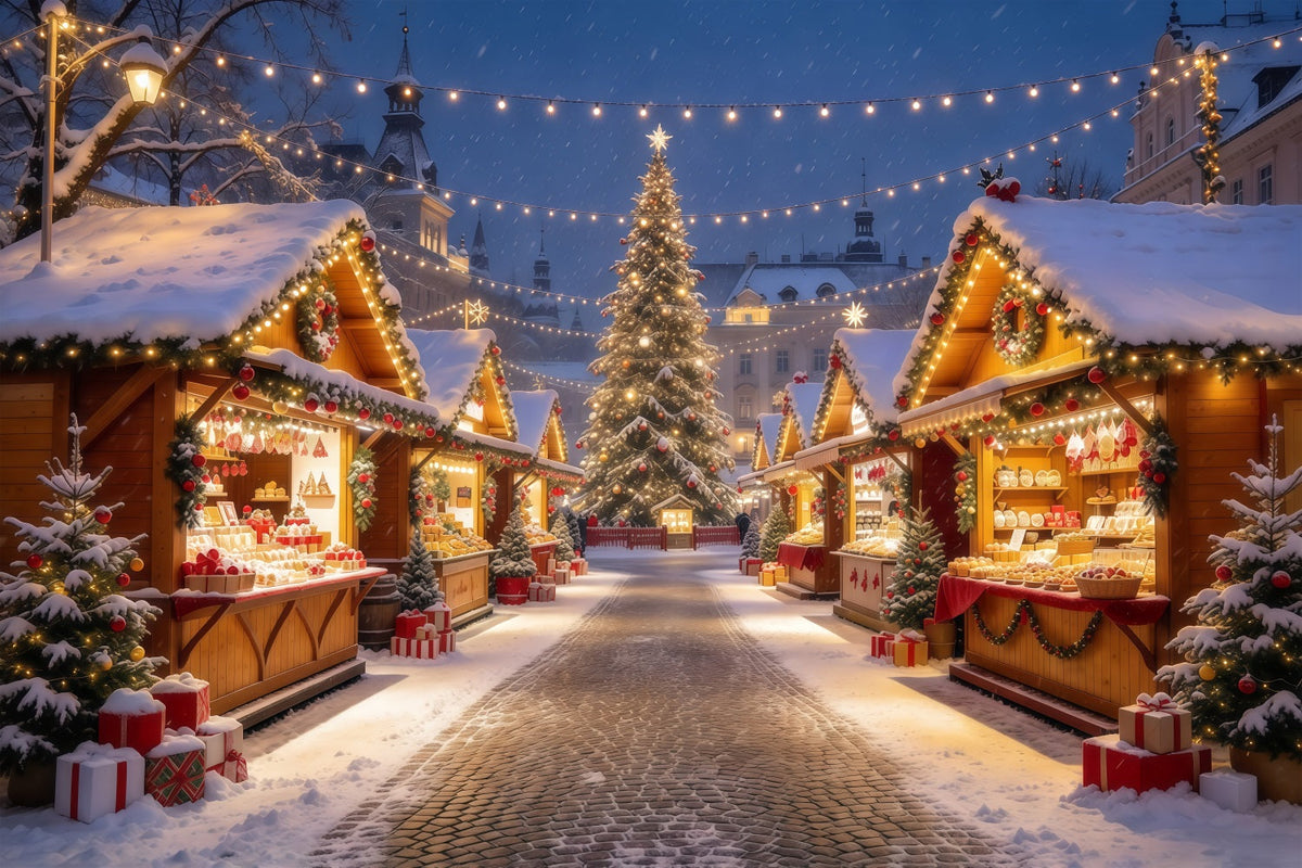 Fond De Ville De Noël Étalages Marché Alpin Illuminés GQ610-95