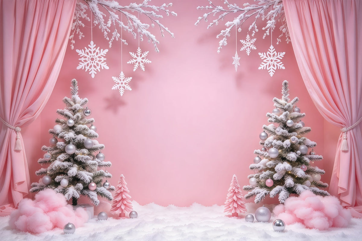 Fond De Noël Hivernal Rideau Rose Paysage Flocons GQ610-96
