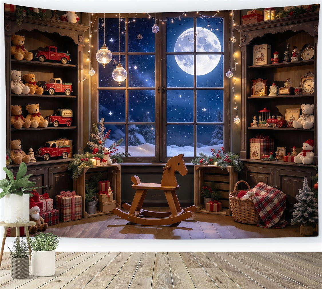 Fond Atelier Père Noël Fenêtre Salle De Jouets Au Clair De Lune GQ610-97