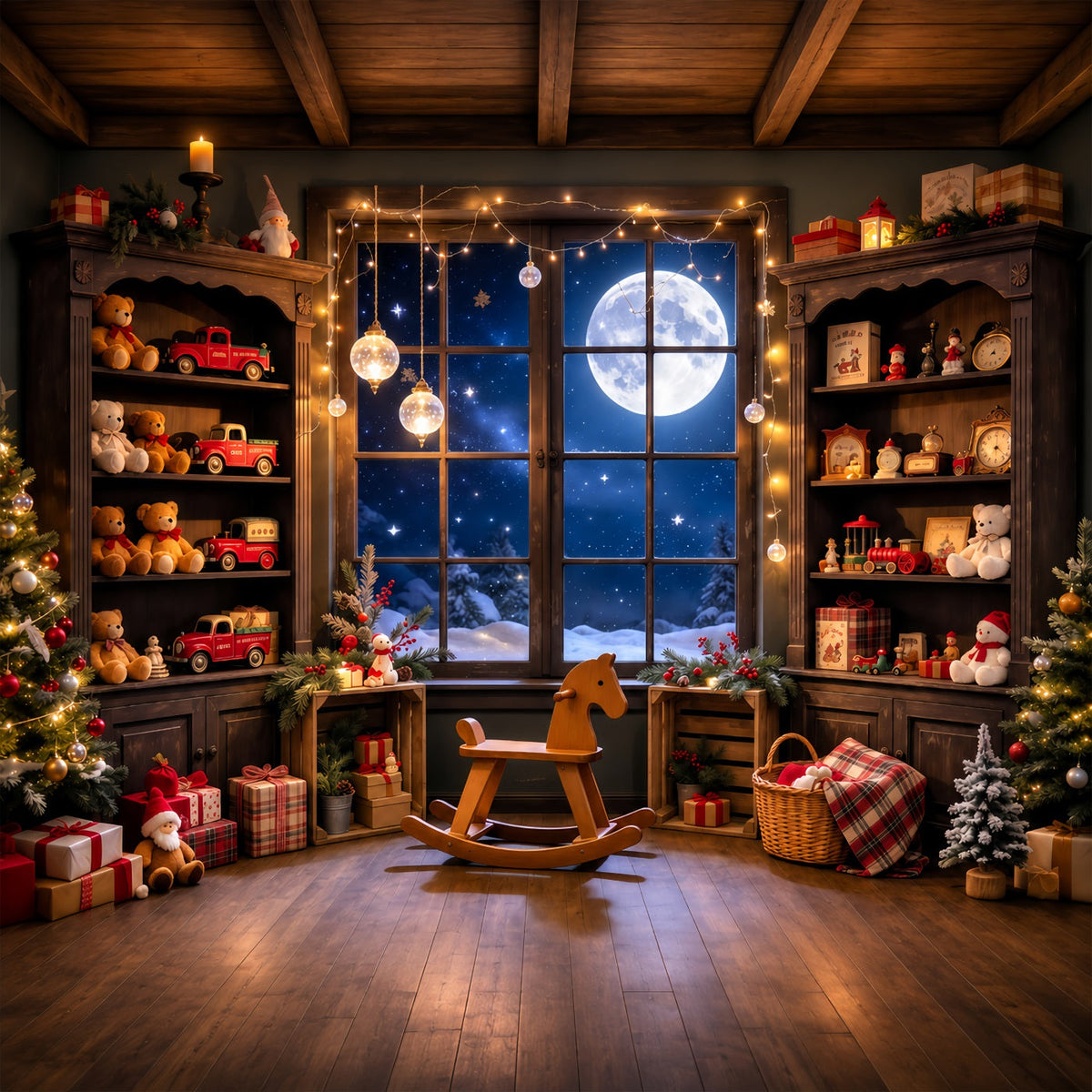 Fond Atelier Père Noël Fenêtre Salle De Jouets Au Clair De Lune GQ610-97