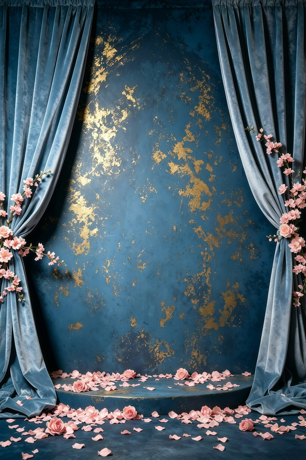 Fond Bleu et Or Mur Velours Roses Mouchetées Abstrait GQ64-37