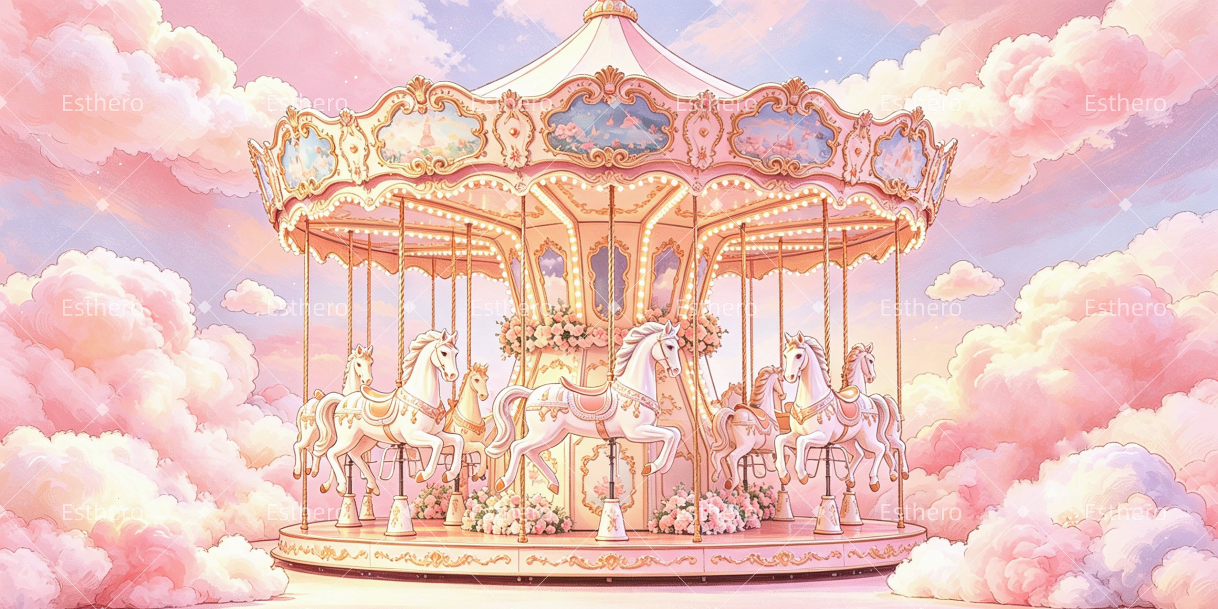 Toile de fond Trilogy Tour carrousel rose nuages fantastiques VBS GQ64-T11