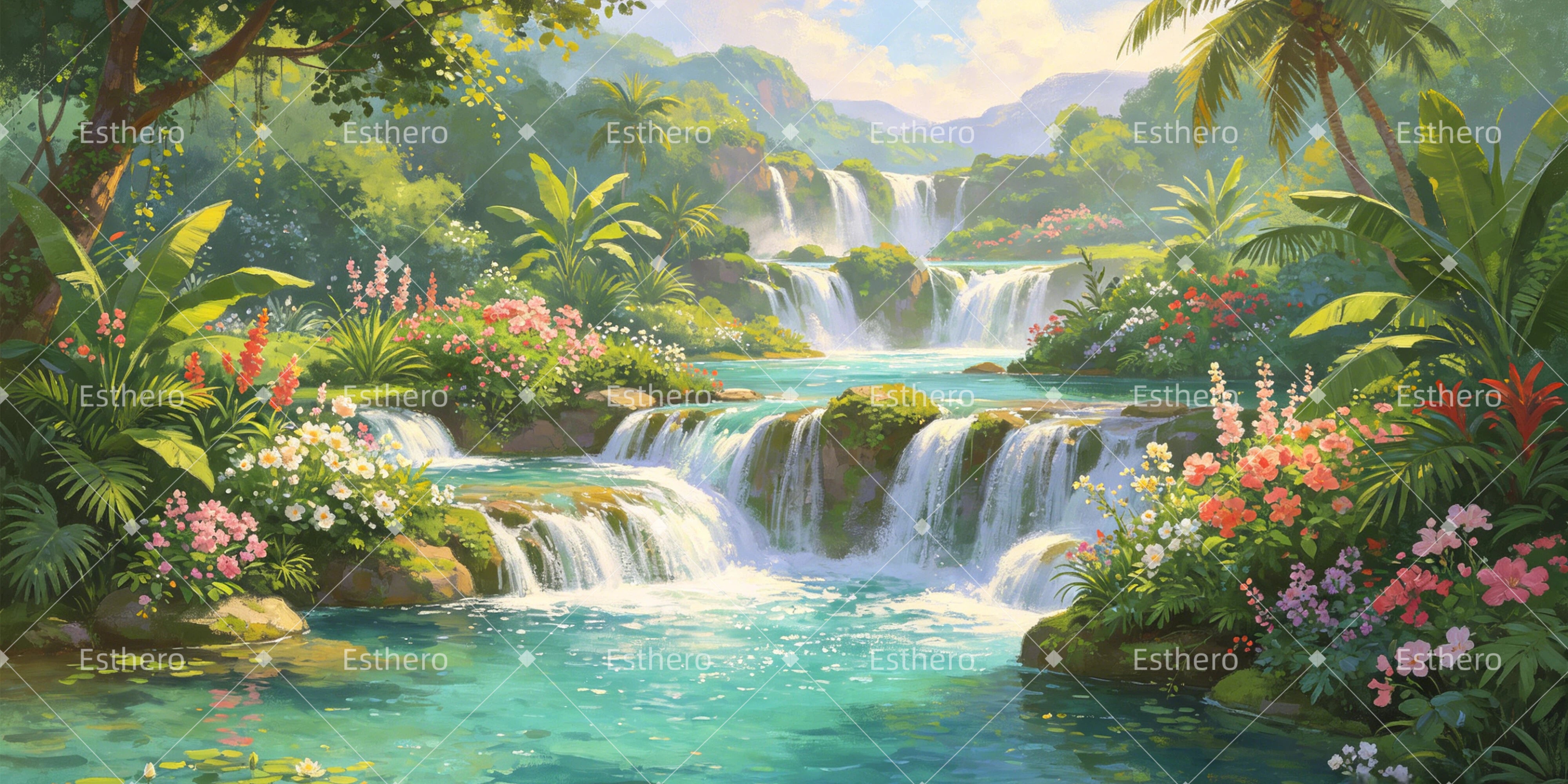 Toile de fond Jardin d’Éden cascade tropicale paradis décor VBS GQ64-T20