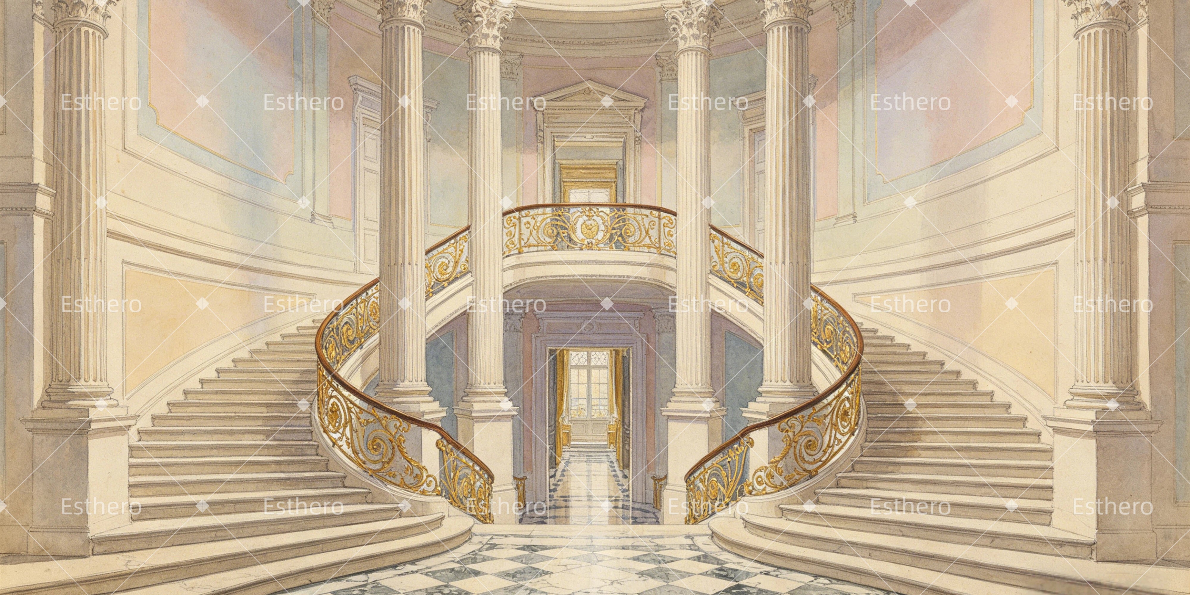 Toile de fond grand escalier hall de théâtre décor scène GQ64-T2