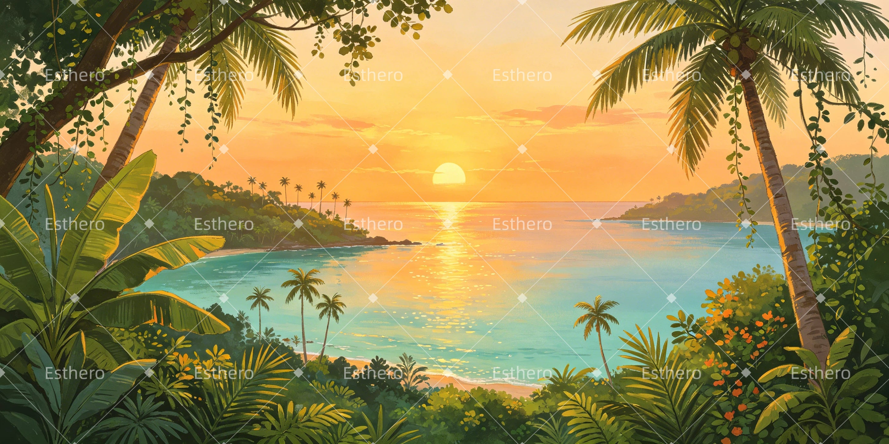 Toile de fond forêt tropicale coucher de soleil décor de scène GQ65-T67
