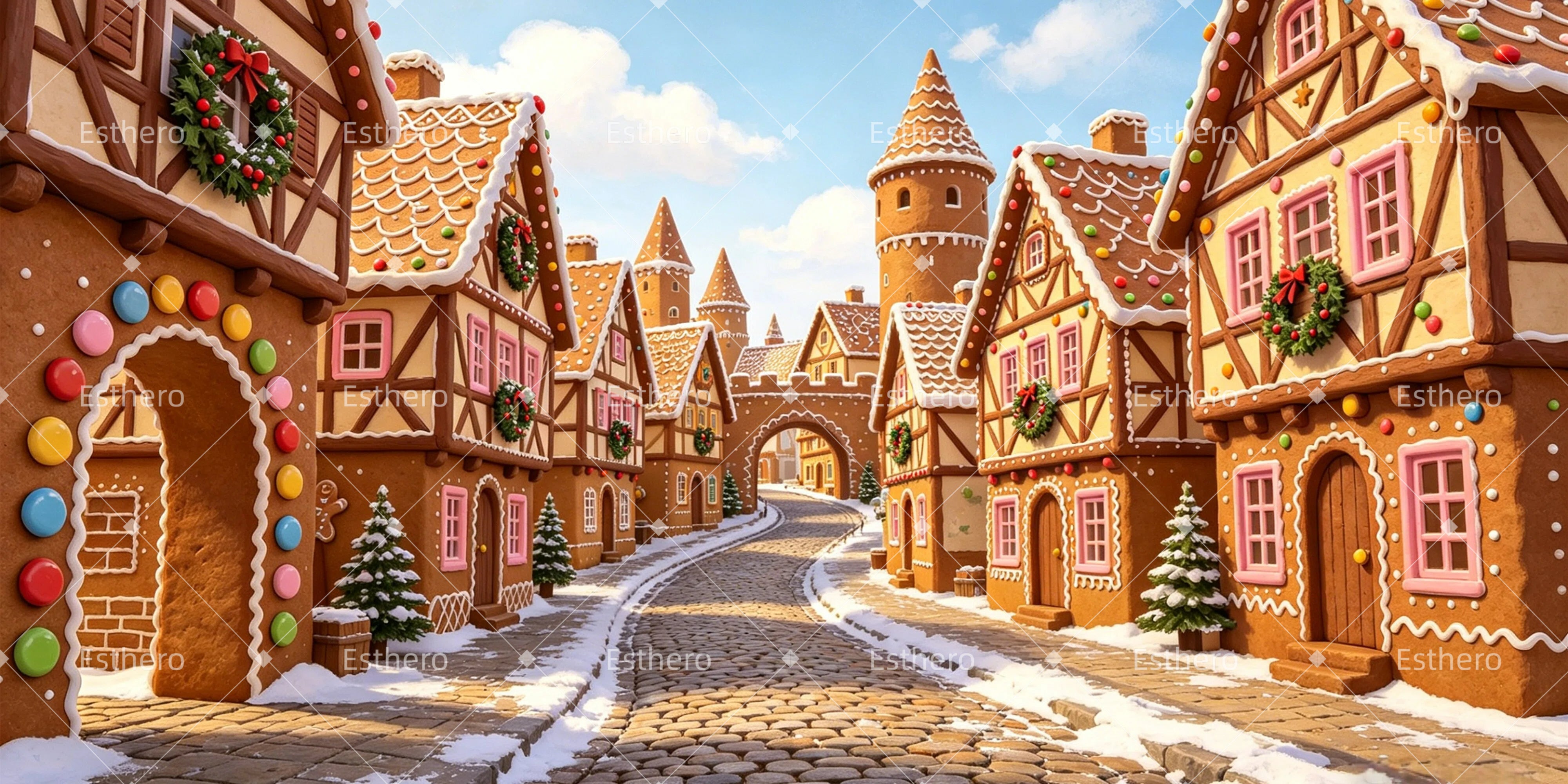 Toile de fond de scène Village de pain d’épices Noël GQ65-T8