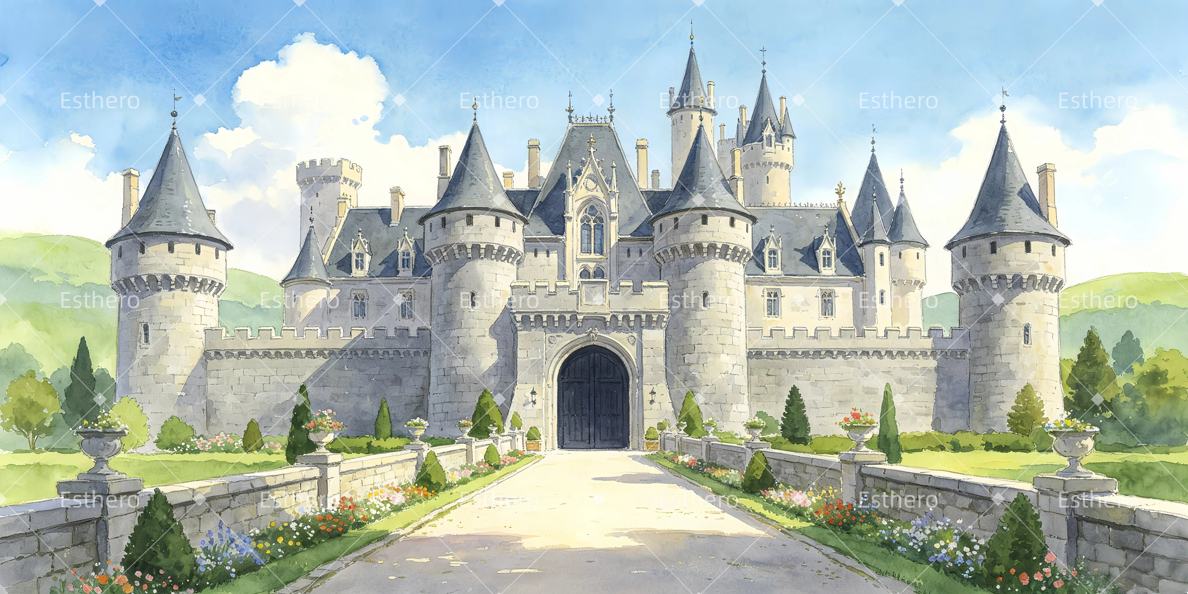 Décor de château majestueux toile de fond pour spectacle scolaire GQ65-T94
