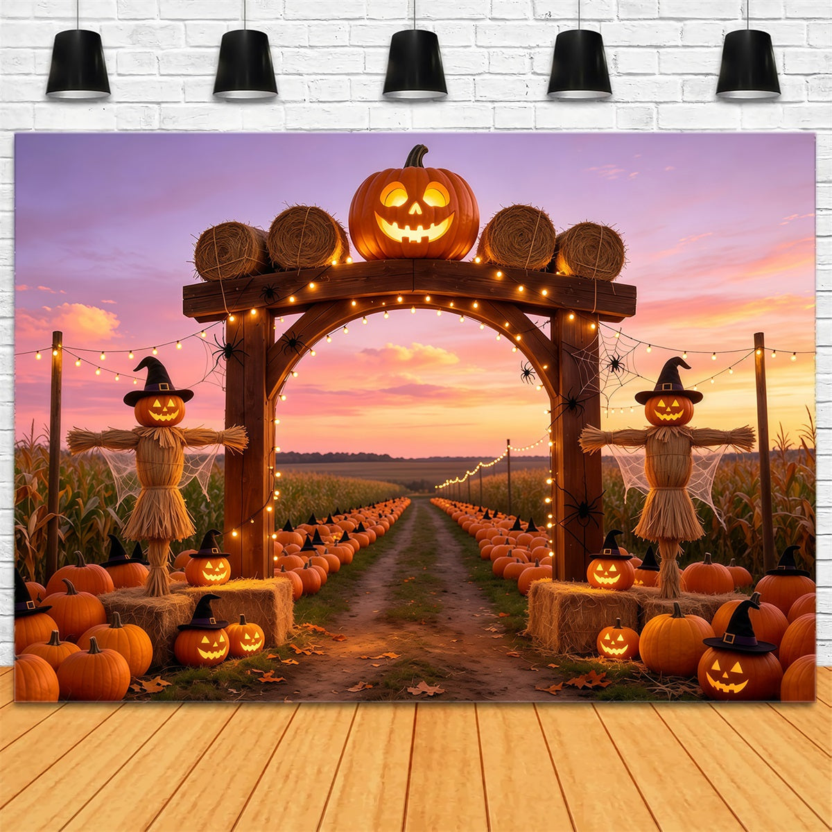 Idées De Décor Pour Une Ferme De Citrouilles Au Coucher Du Soleil Avec Des Épouvantails D'Halloween GQ67-87
