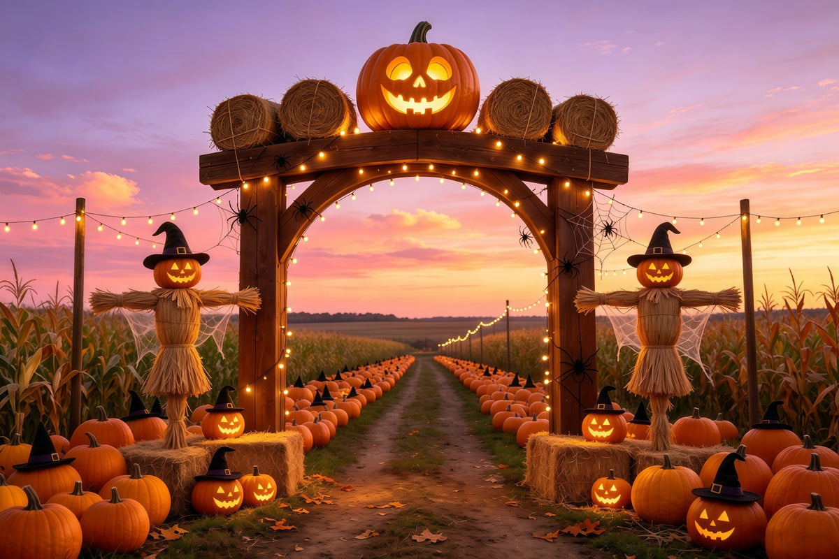 Idées De Décor Pour Une Ferme De Citrouilles Au Coucher Du Soleil Avec Des Épouvantails D'Halloween GQ67-87