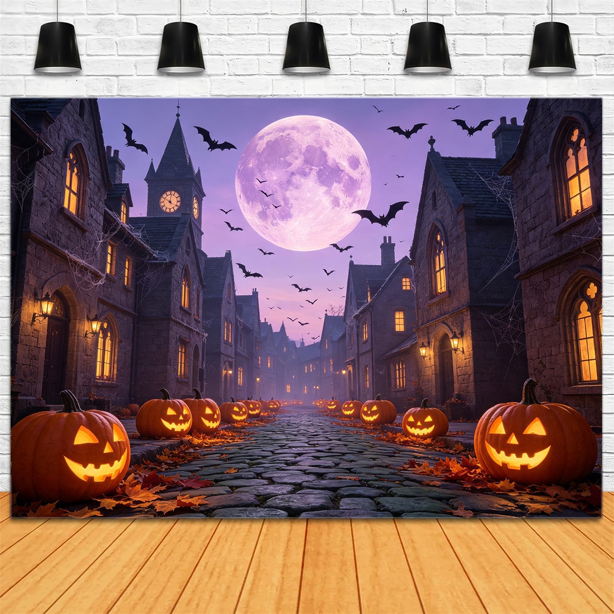 Décor De Chauves-Souris Citrouilles Violettes Au Clair De Lune Rue Pour Halloween GQ67-97