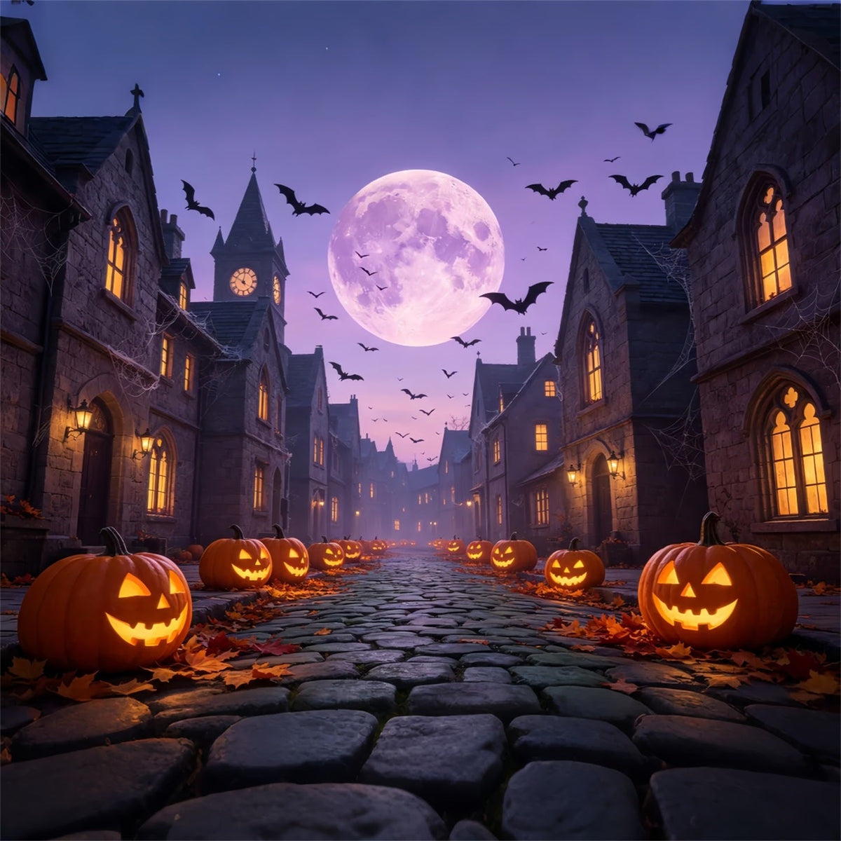 Décor De Chauves-Souris Citrouilles Violettes Au Clair De Lune Rue Pour Halloween GQ67-97