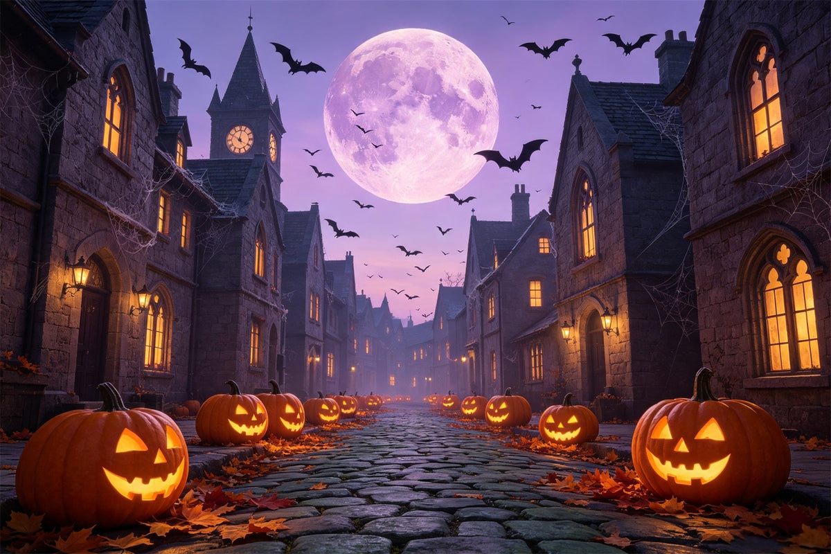 Décor De Chauves-Souris Citrouilles Violettes Au Clair De Lune Rue Pour Halloween GQ67-97