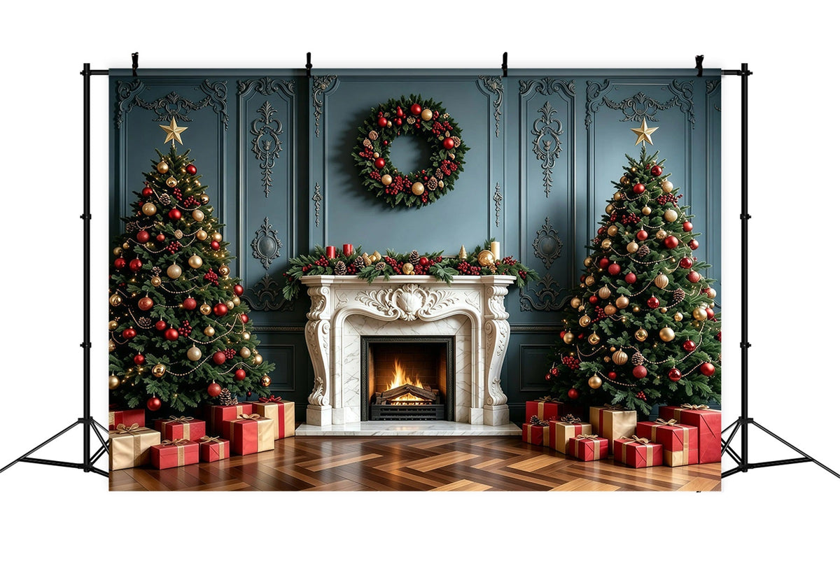 Fond De Cheminée De Noël Guirlande Murale Bleue Élégante Fond Photo De Noël GQ68-100