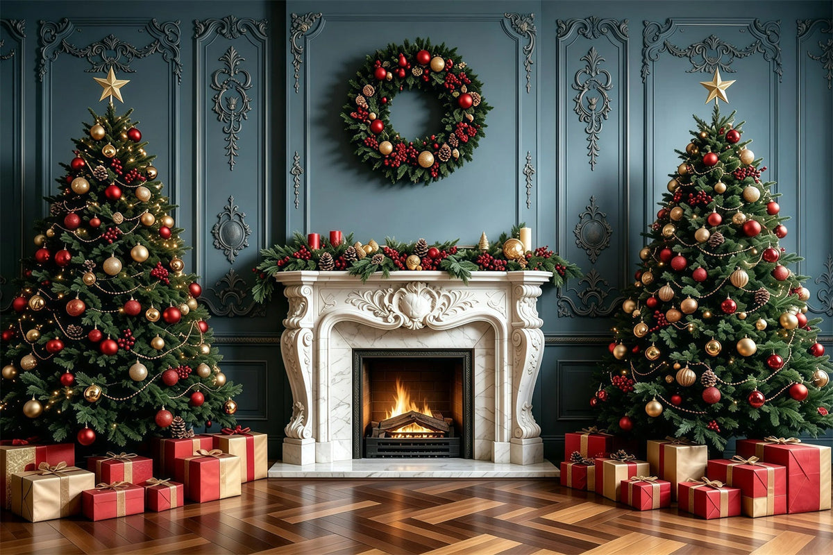 Fond De Cheminée De Noël Guirlande Murale Bleue Élégante Fond Photo De Noël GQ68-100