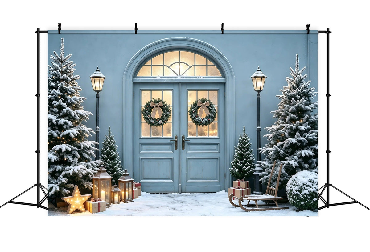 Fond Bleu De Noël Lueur De Porte De Pin Enneigé Décors De Noël Pour Photos GQ68-101