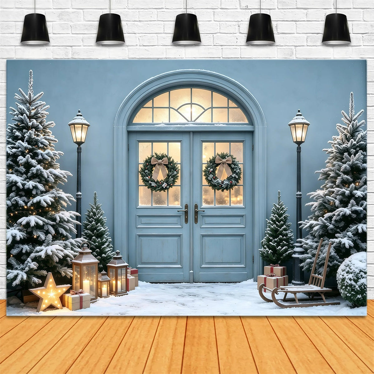 Fond Bleu De Noël Lueur De Porte De Pin Enneigé Décors De Noël Pour Photos GQ68-101