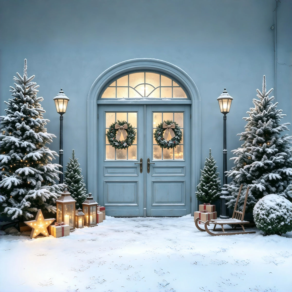 Fond Bleu De Noël Lueur De Porte De Pin Enneigé Décors De Noël Pour Photos GQ68-101
