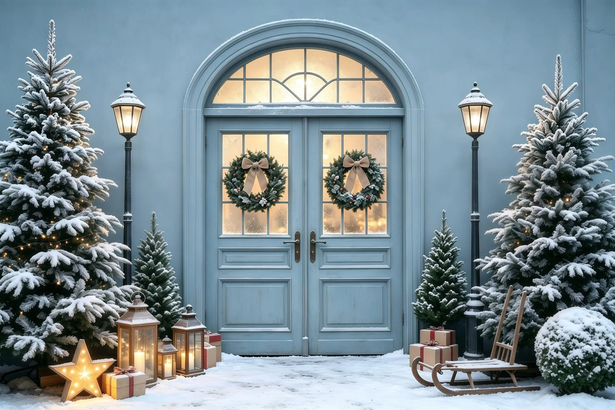 Fond Bleu De Noël Lueur De Porte De Pin Enneigé Décors De Noël Pour Photos GQ68-101