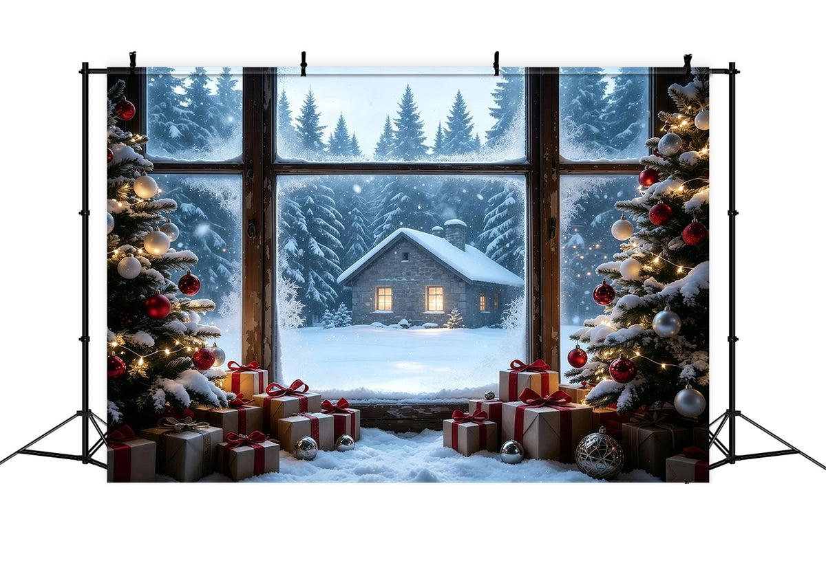 Décor De Noël Rustique Vue Depuis La Fenêtre D'Une Cabane Enneigée Décors De Noël Pour Studio GQ68-104